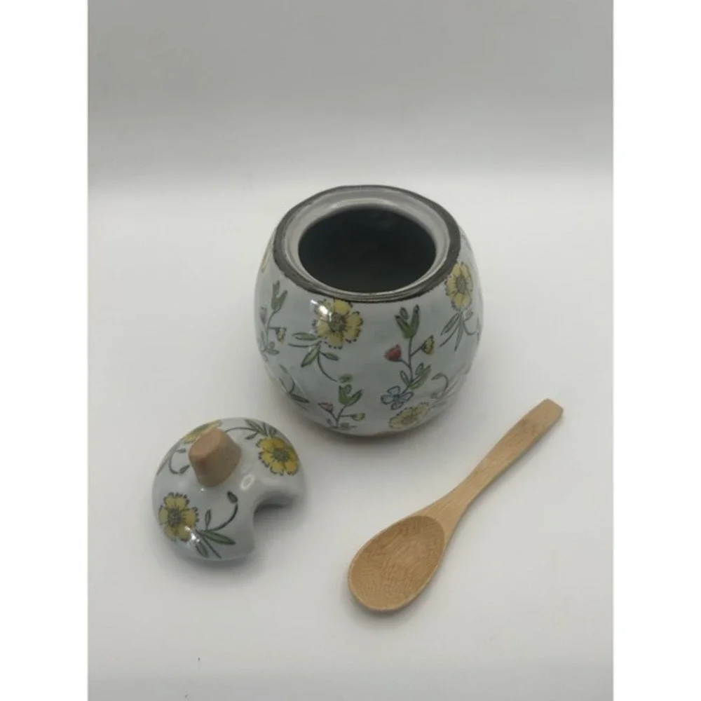 Creative Co-Op Hand Painted Spoon‎ & Lid Stoneware Sugar Pot Flower Design